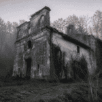 Chiesa di Sant'Andrea a Reopasto avvolta nella nebbia all'alba, bosco sullo sfondo