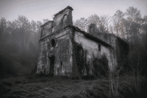 Chiesa di Sant'Andrea a Reopasto avvolta nella nebbia all'alba, bosco sullo sfondo