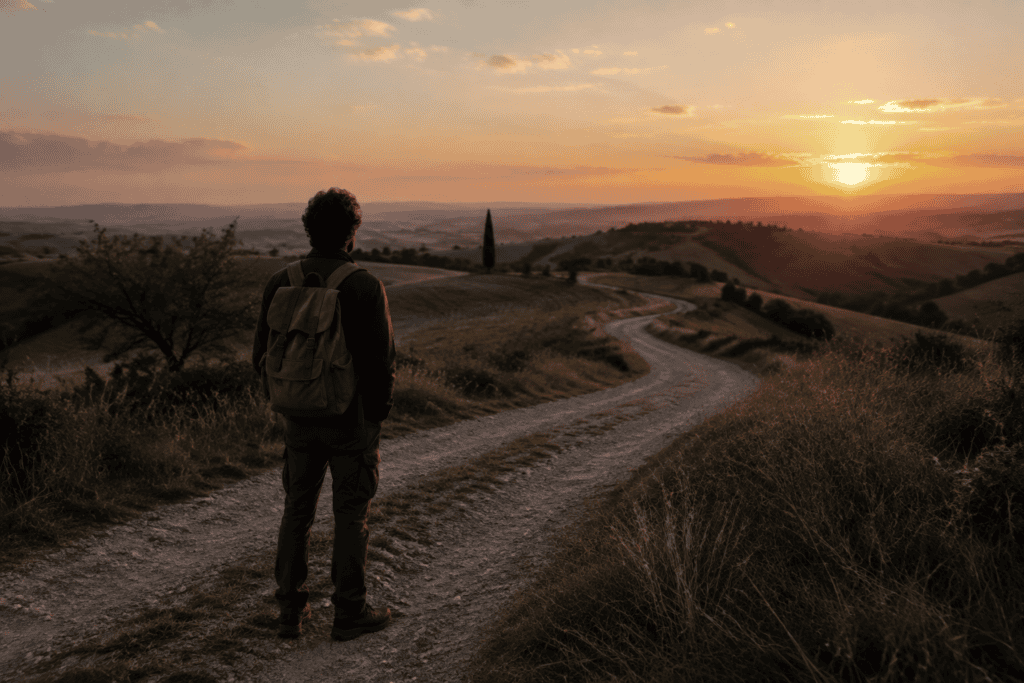 Viandante solitario che osserva un sentiero di campagna al tramonto, simbolo dell'arte di imparare