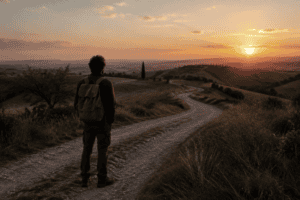 Viandante solitario che osserva un sentiero di campagna al tramonto, simbolo dell'arte di imparare