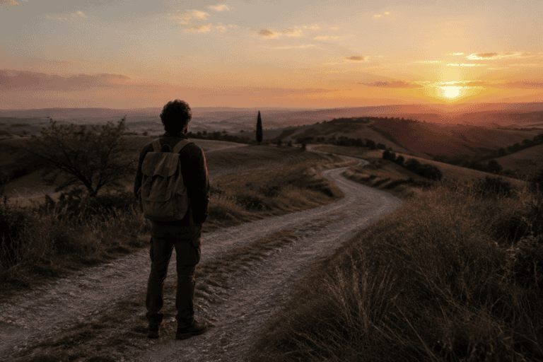 Viandante solitario che osserva un sentiero di campagna al tramonto, simbolo dell'arte di imparare
