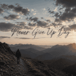 Viandante solitario su sentiero di montagna al tramonto, simbolo di resilienza e Never Give Up Day