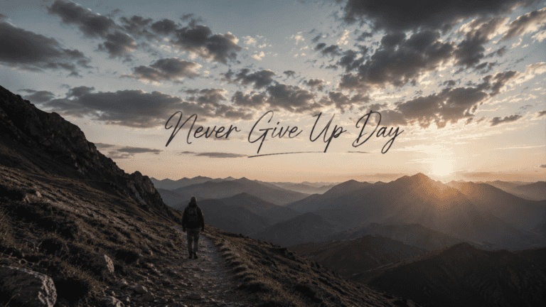 Viandante solitario su sentiero di montagna al tramonto, simbolo di resilienza e Never Give Up Day