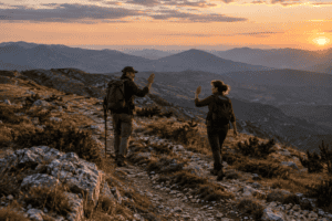 Due viandanti che si salutano lungo un sentiero di montagna italiano al tramonto