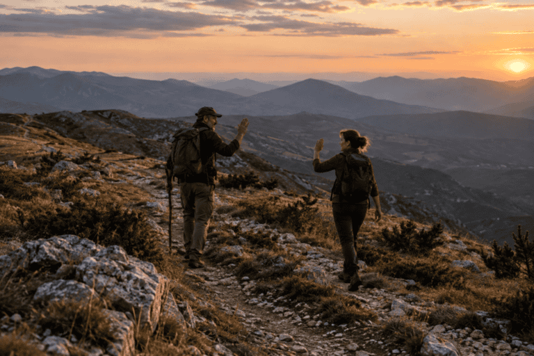Due viandanti che si salutano lungo un sentiero di montagna italiano al tramonto